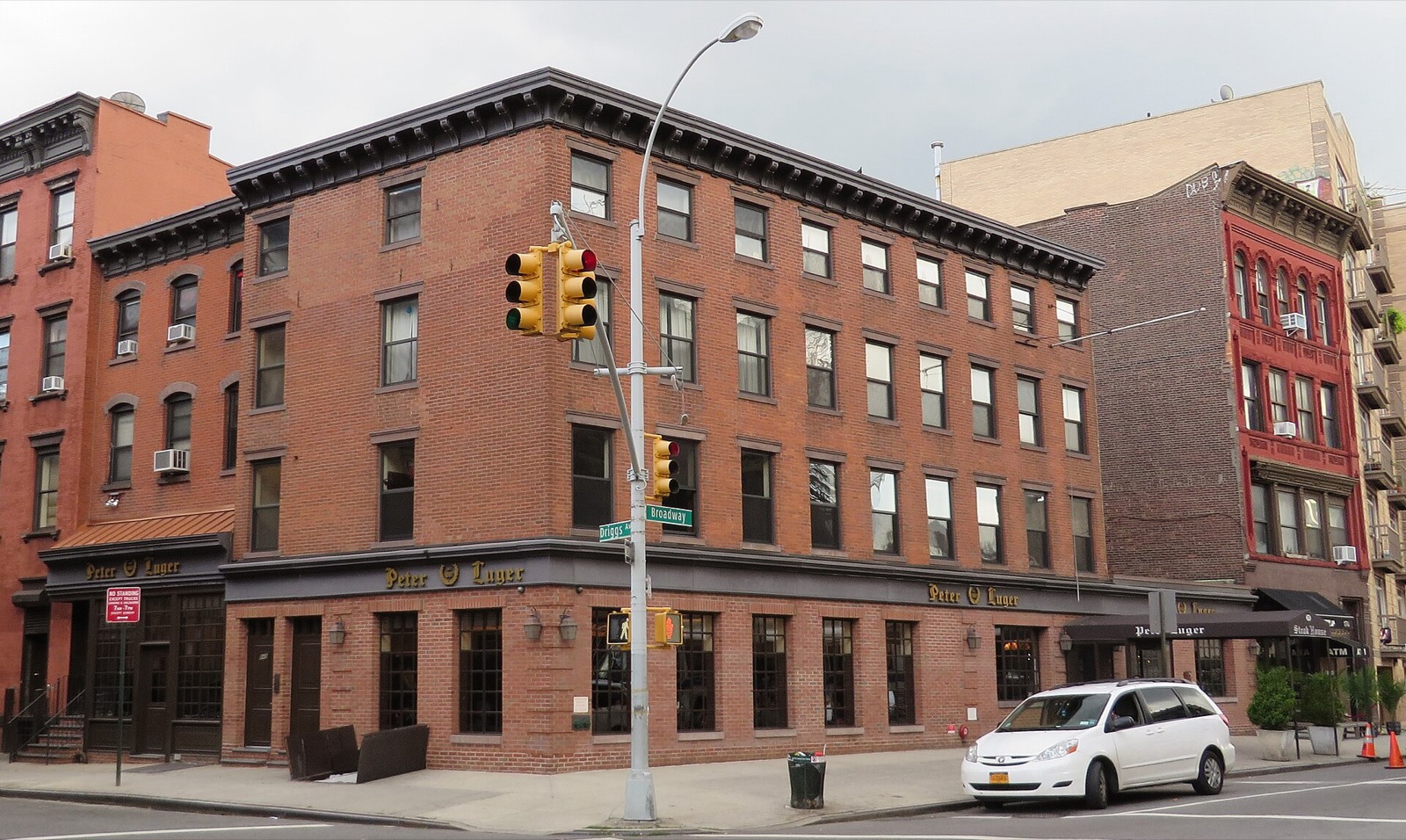 The exterior of Peter Luger Steak House at 178 Broadway in Williamsburg Brooklyn, one of the oldest and most celebrated restaurants in New York City