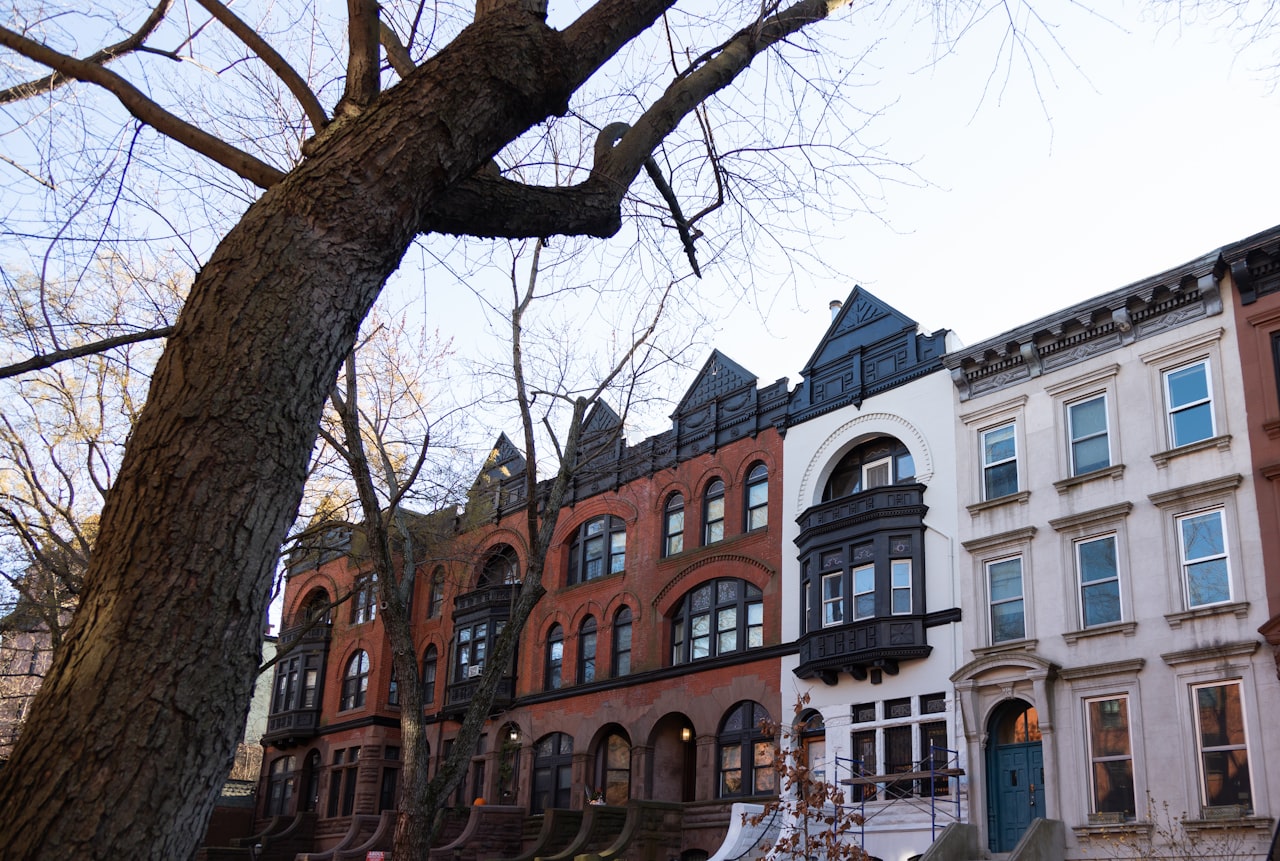 Ornate Victorian-era brick rowhouses along a tree-lined Brooklyn street, bare winter trees in foreground, red brick facades with arched windows