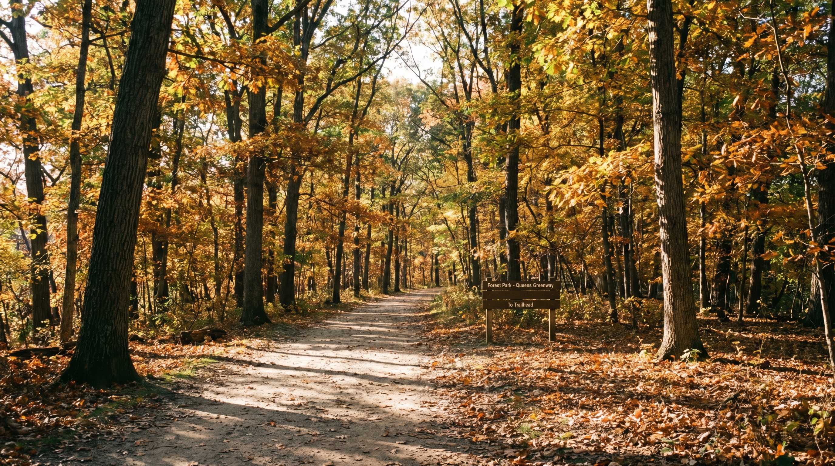 The autumn oak forest trail inside Forest Park, Queens, the 538-acre park that forms the entire northern boundary of Woodhaven