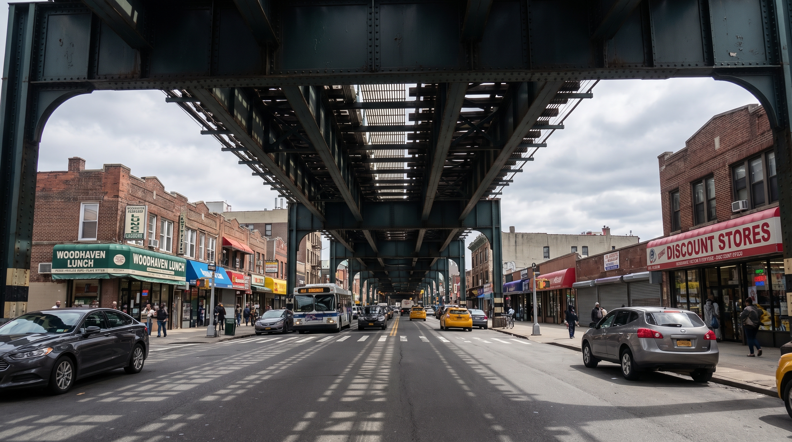 Jamaica Avenue in Woodhaven looking east, the J/Z elevated train steel structure running overhead above the commercial street, with storefronts at street level